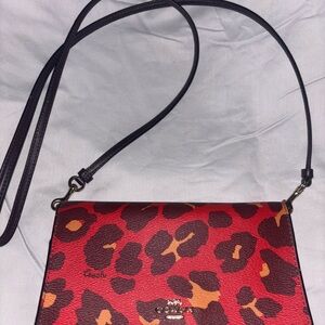Coach Red and Black Crossbody Bag with Leopard Print